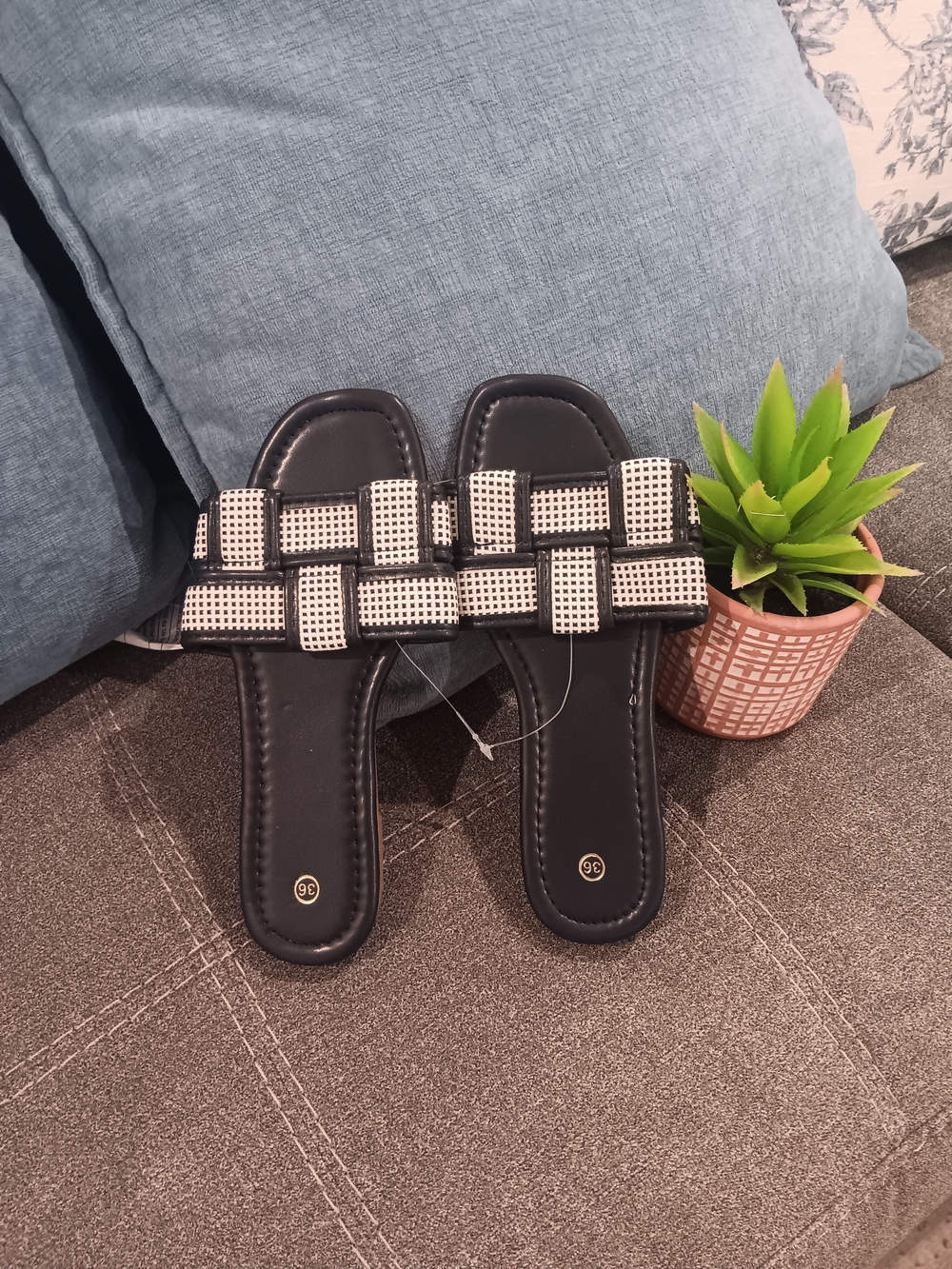 & Other Stories Black Slides with White Studded Woven Strap